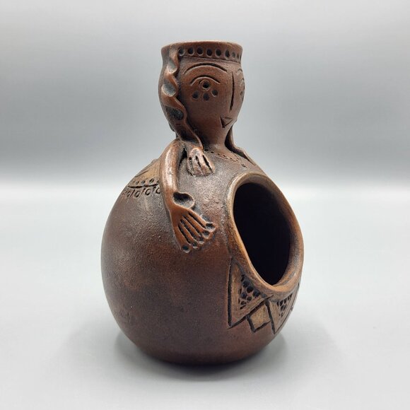 Vintage Signed Terracotta Folk Art Handcrafted Clay Incense Burner Female Figure - Picture 3 of 15